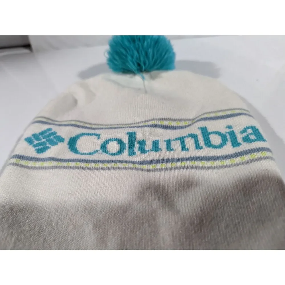 Columbia Beanie Womens White Blue Pom Winter Hat